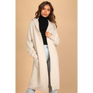 Lulus Chalet Chic Beige Ribbed Knit Hooded Cardigan Sweater - Size M